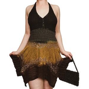 Fairy Fairycore Embroidered Handkerchief Smocked Bodice Halter Dress Mini Vneck